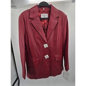 Pamela McCoy Collections Red Genuine Leather Blazer Jacket Womens Size L NWT